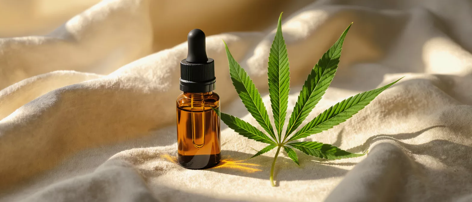 Amber dropper bottle of CBD oil next to a vibrant green cannabis leaf.