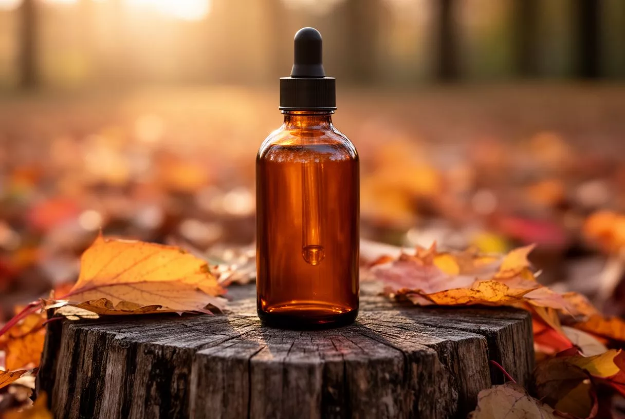 Amber glass dropper bottle on a tree stump with autumn leaves.