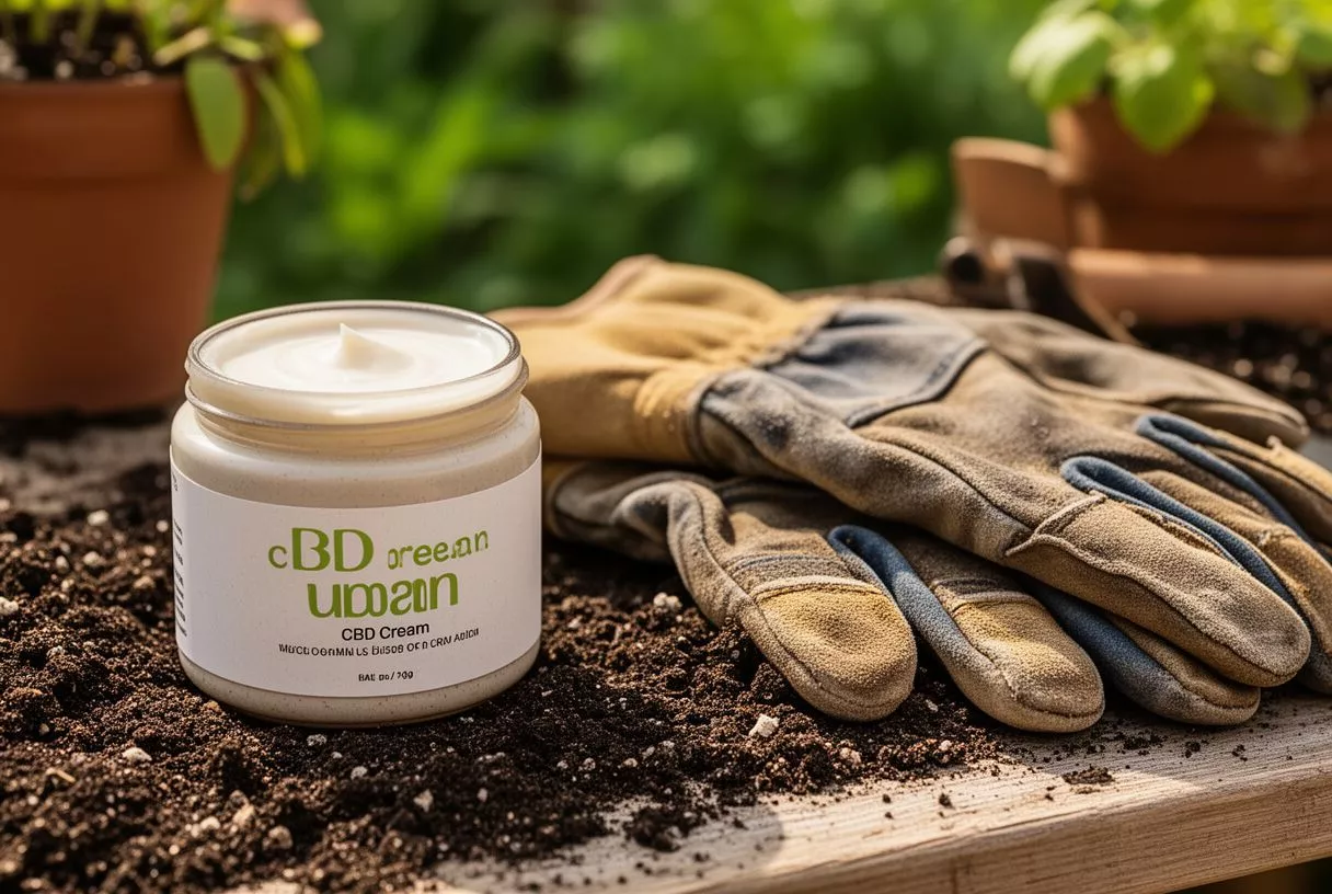CBD cream jar on soil next to gardening gloves, with potted plants in background.