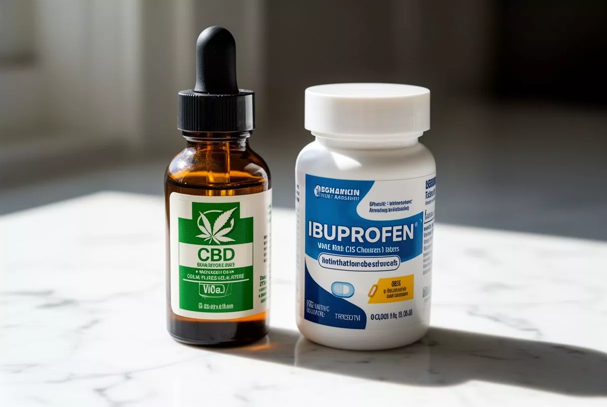 CBD oil dropper bottle next to a bottle of Ibuprofen tablets on a marble surface.