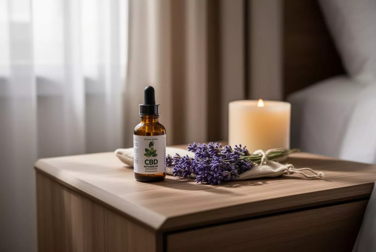 CBD oil bottle, lavender, and candle on a wooden nightstand for relaxation.
