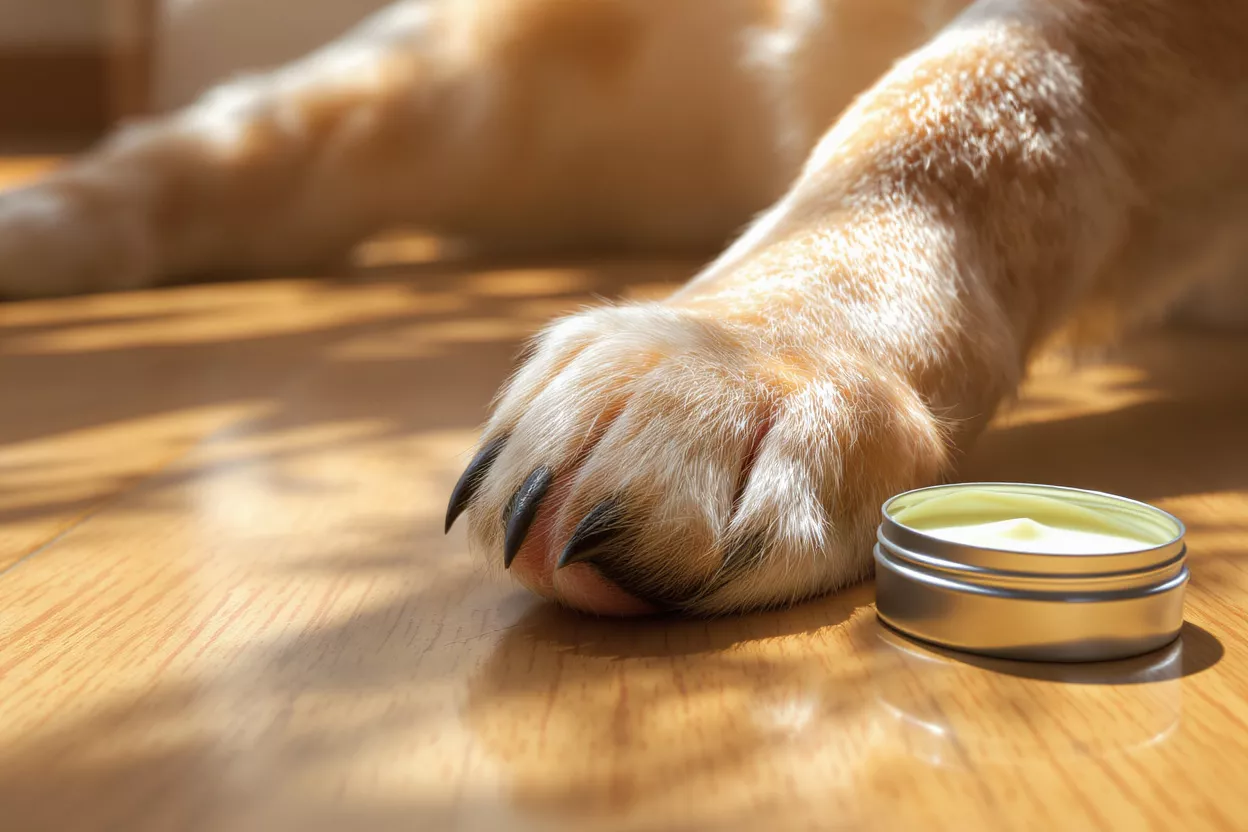 Close-up of a dog's paw next to paw balm