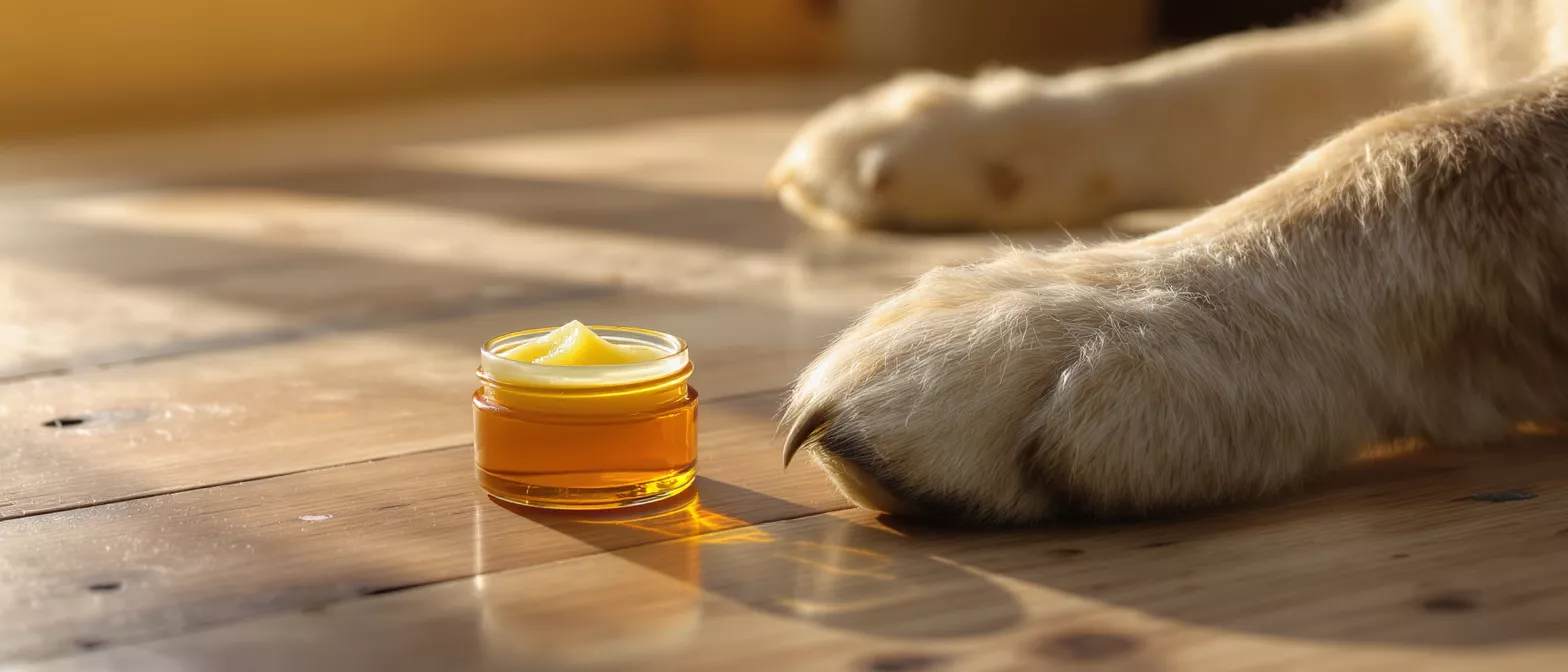 Close-up of a dog paw near a jar of salve