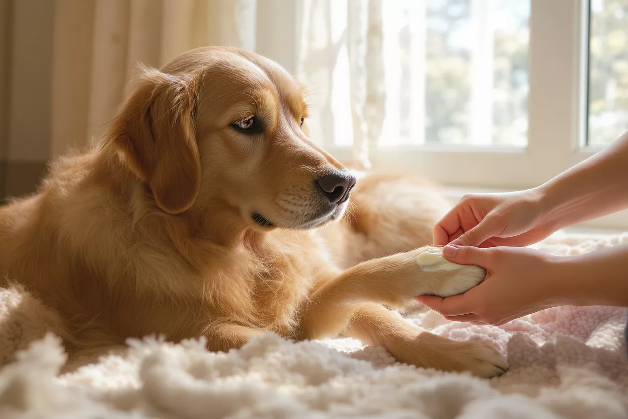 A person applying cream to a golden retriever's paw