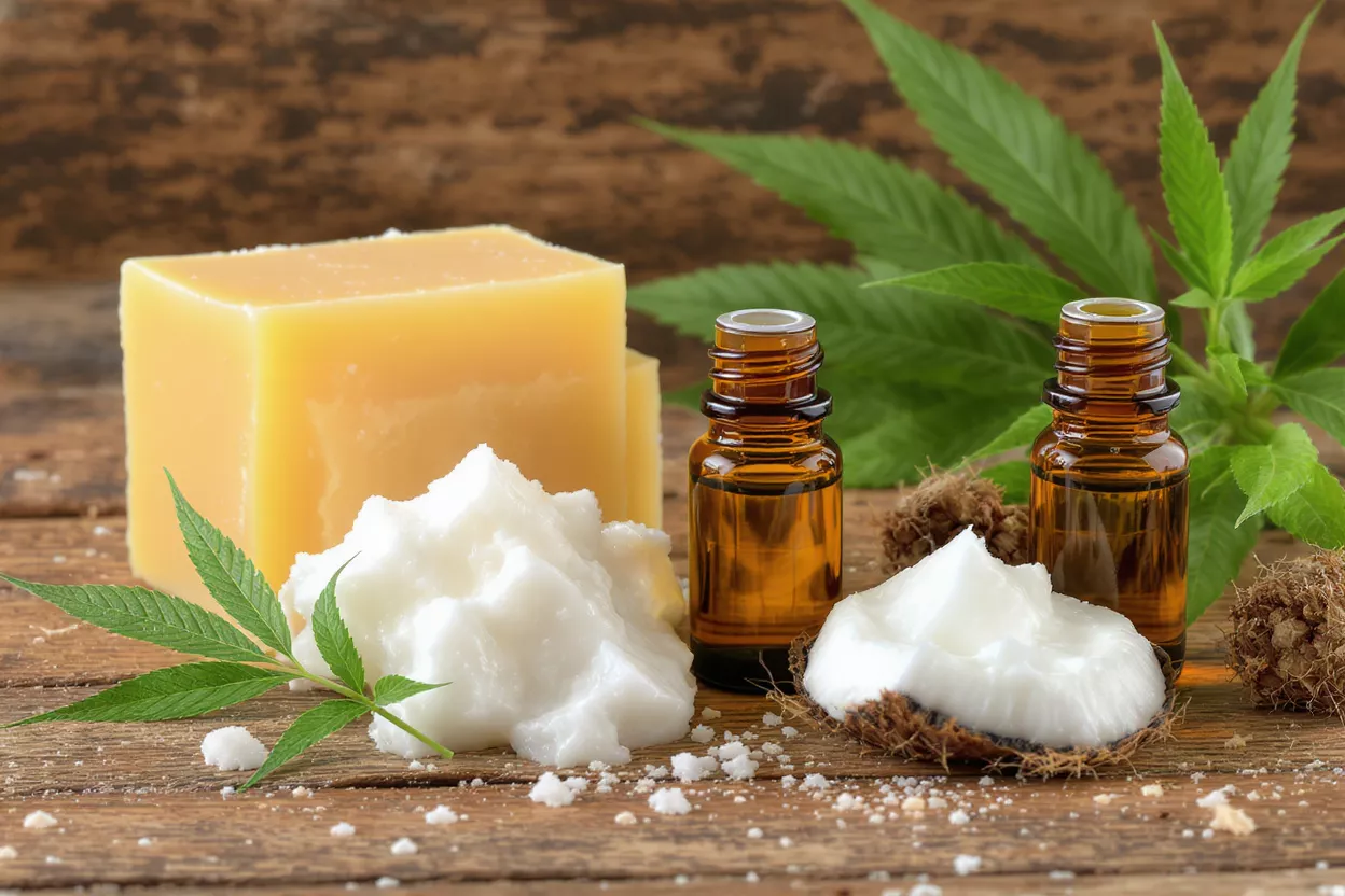 Various natural skincare ingredients on a wooden surface