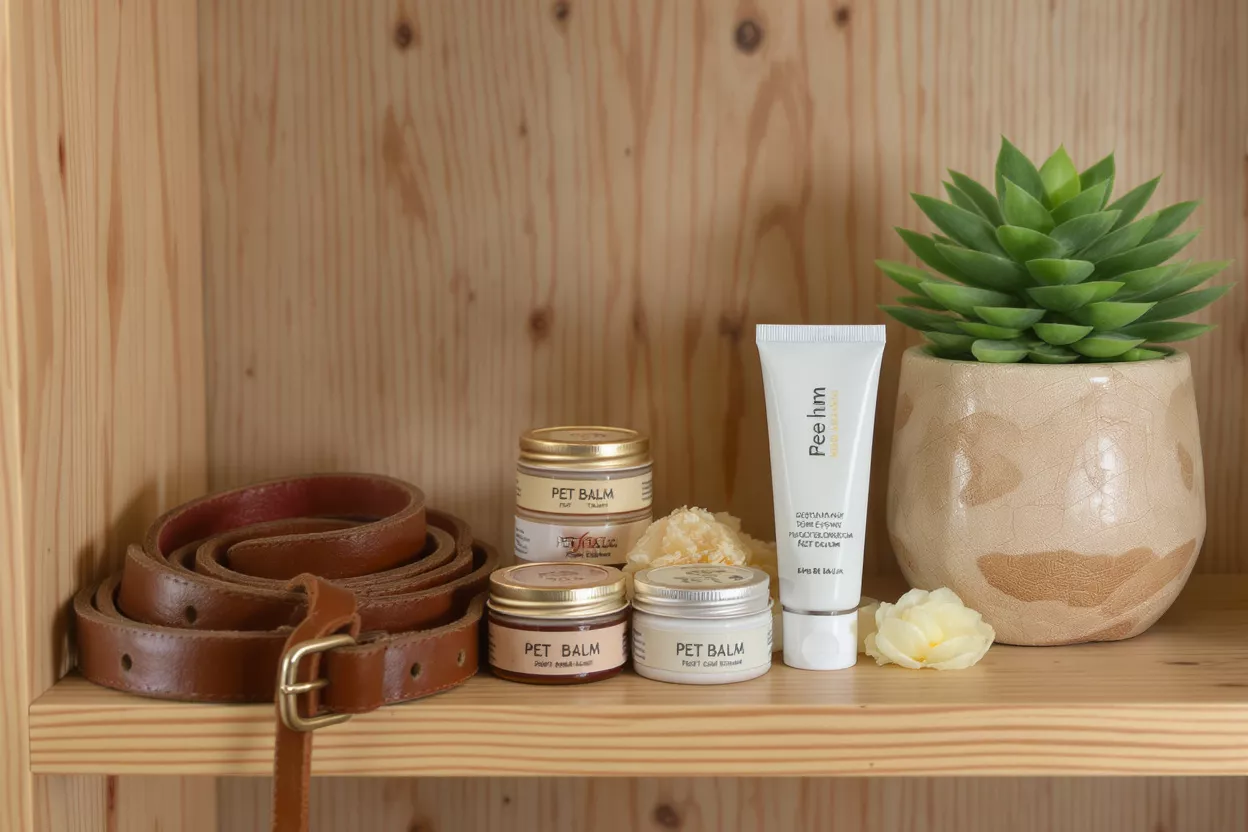Various pet balm products displayed on a wooden shelf