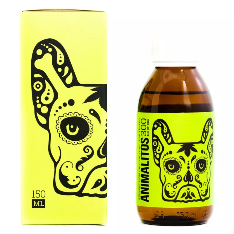 Animalitos CBD Dog Tincture Set with stylized dog face on yellow label.