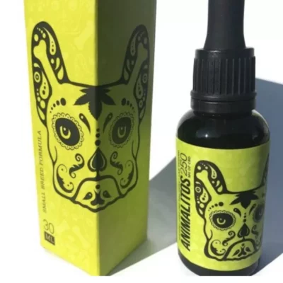 Animalitos 30ml CBD Tincture for Small Breed Dogs with Stylized Cat Label Design.