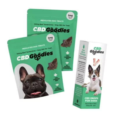 Assorted CBD Goodies dog treats and bacon-flavored drops for canine wellness.