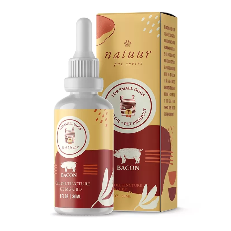 Natuur 125mg bacon-flavored CBD oil tincture for small dogs in dropper bottle and box.