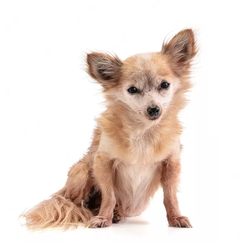 Brown and white long-haired Chihuahua with alert expression in a white studio setting.