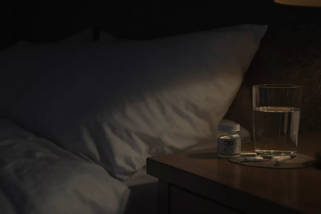 Flacon de CBD, pilules et verre d'eau sur une table de chevet pour dormir.