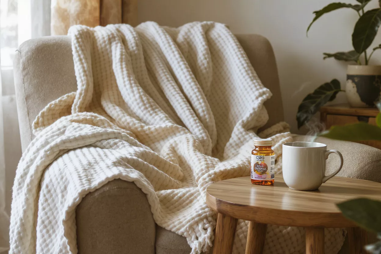 Un fauteuil confortable avec une couverture gaufrée, un flacon de suppléments et une tasse fumante.