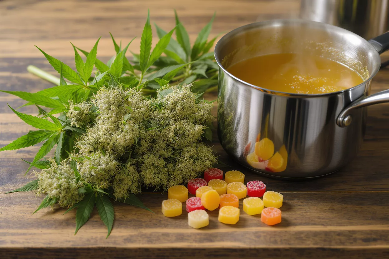 Cannabis plant, buds, saucepan with liquid, and colorful gummies on a wooden table.