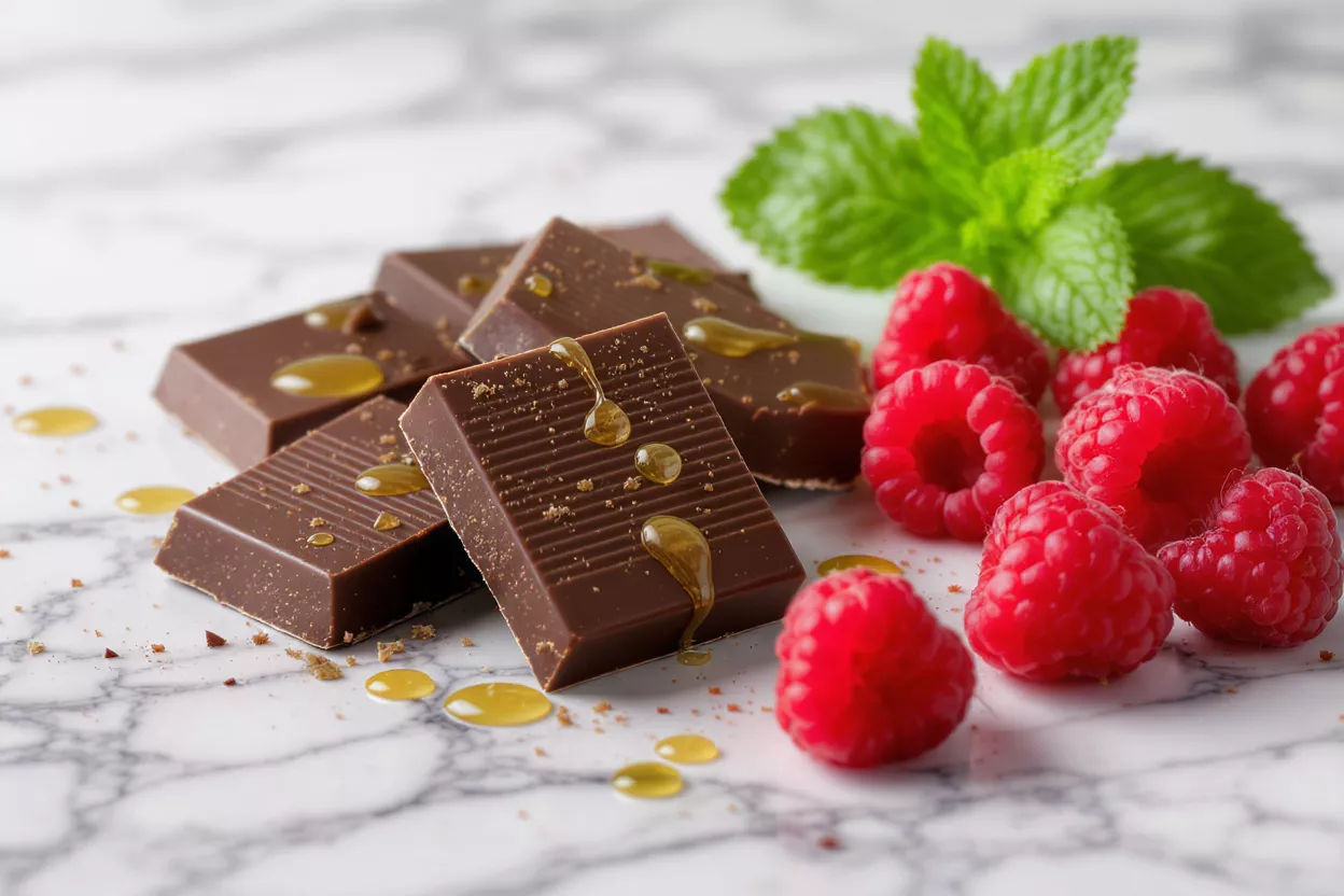 Dark chocolate squares with honey, fresh raspberries, and mint on marble.