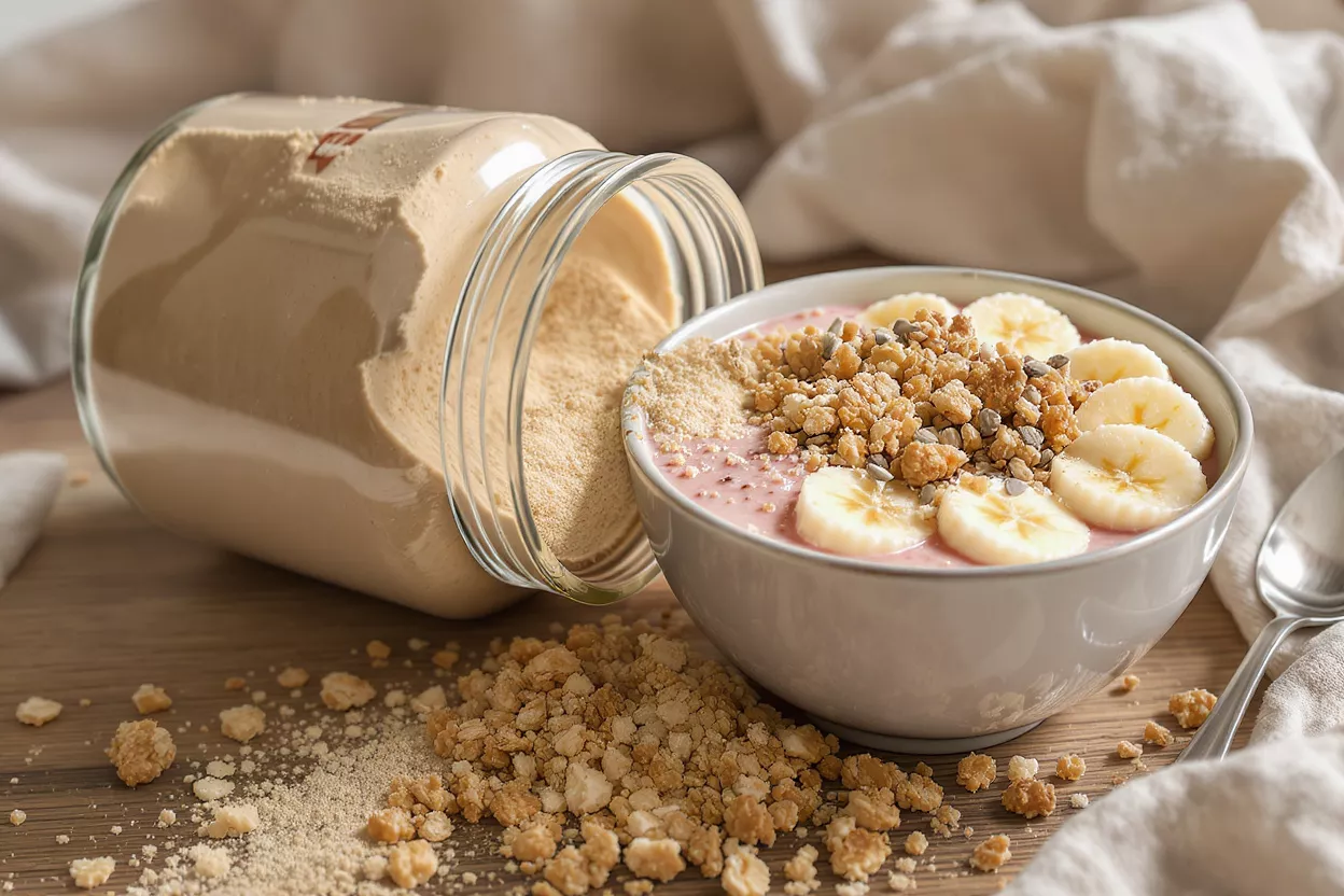Smoothie bowl with banana, granola, and protein powder jar on wooden table.