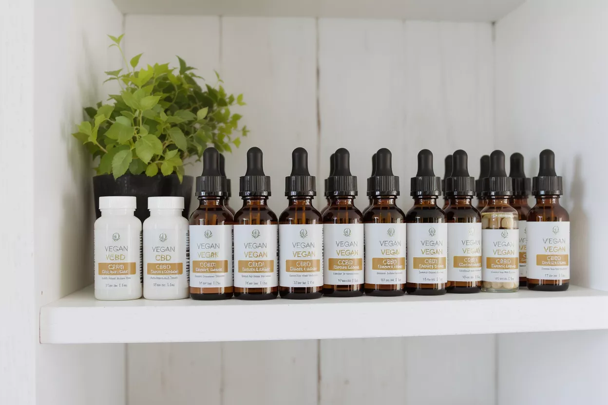 A shelf displaying various vegan CBD tinctures and capsule bottles.