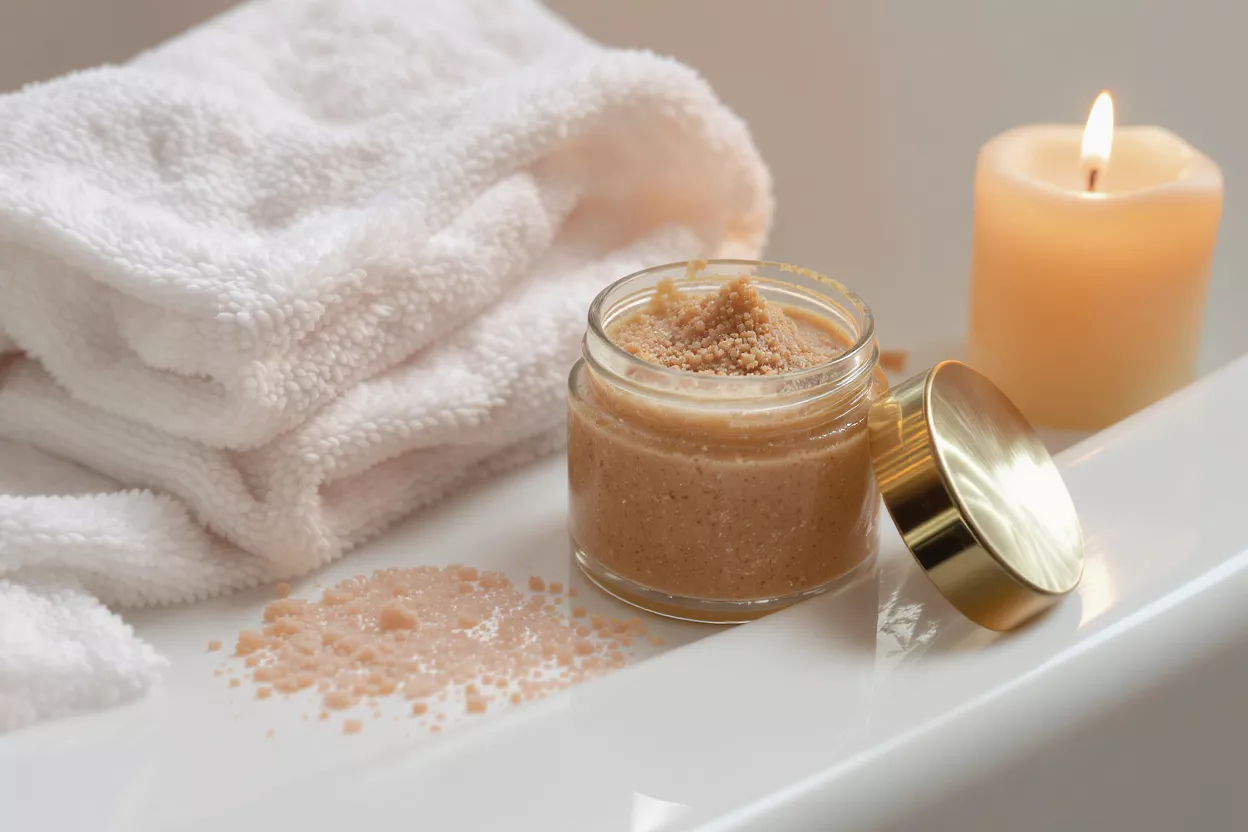 Jar of body scrub next to towels and a candle
