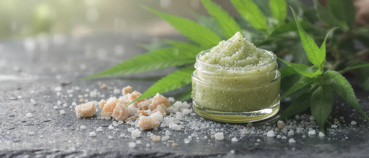 Green cannabis sugar scrub in a glass jar