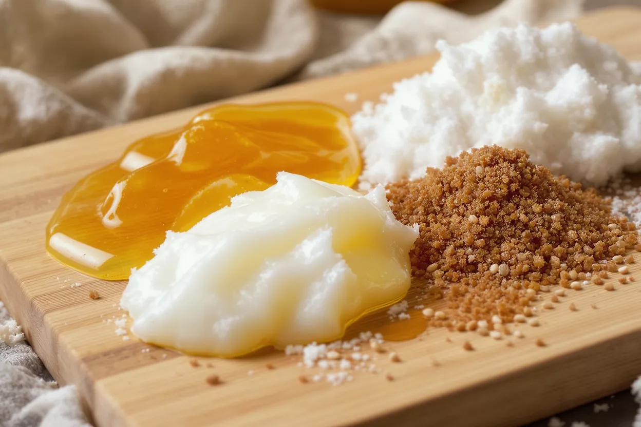Three natural ingredients on a wooden board
