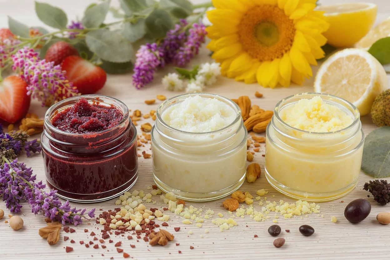 Three jars of colorful scrubs surrounded by ingredients