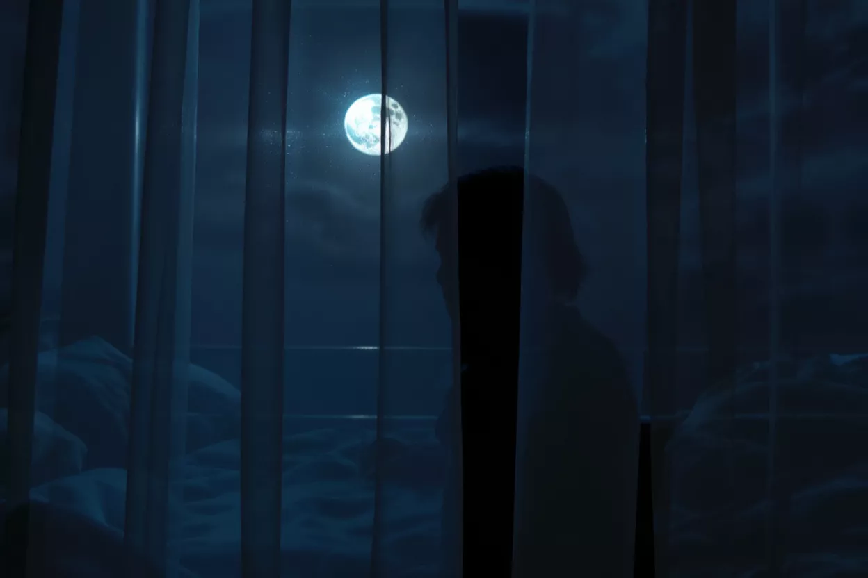 Silhouette of a person behind sheer curtains with a full moon