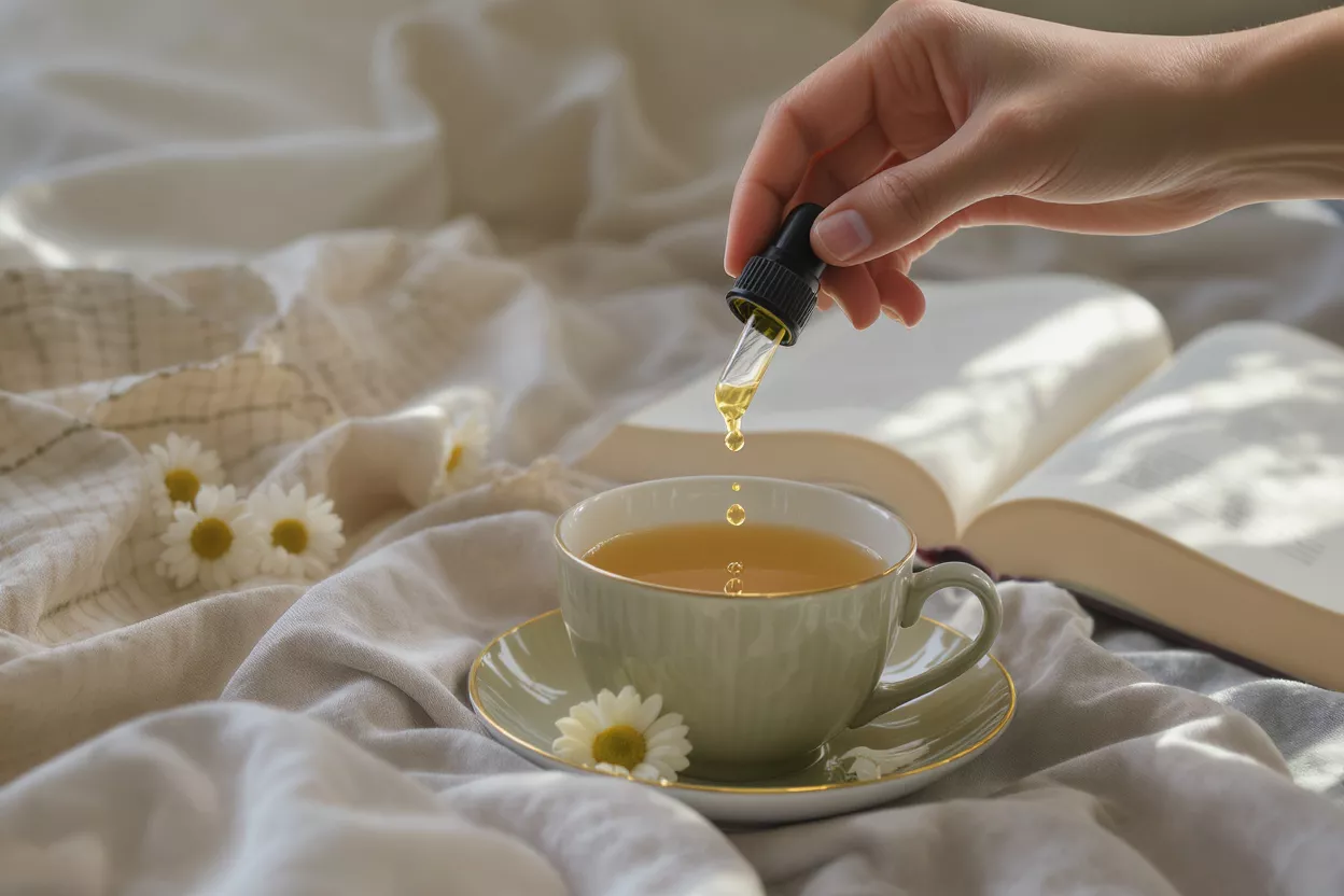 A hand dropping liquid into a cup of tea