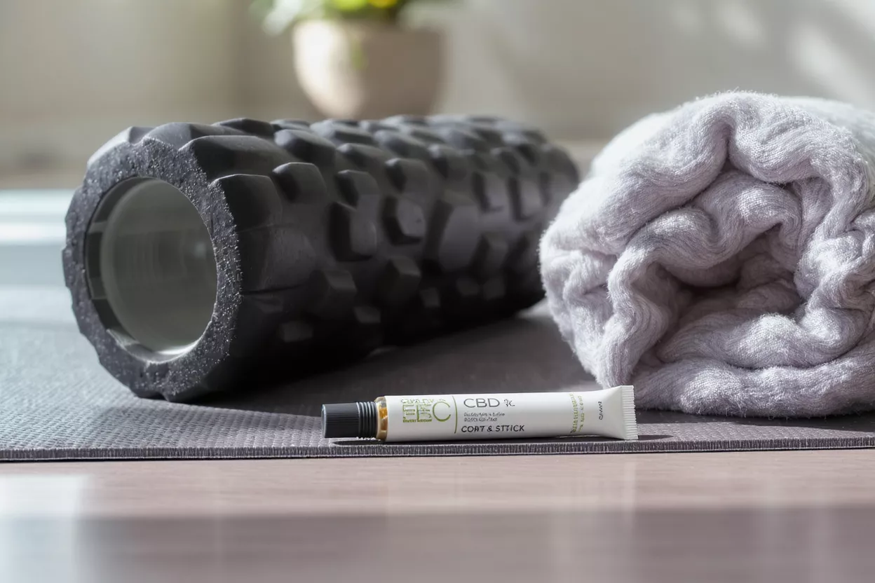 CBD Foam Roller and Towel Foam roller, towel, and CBD stick on a mat