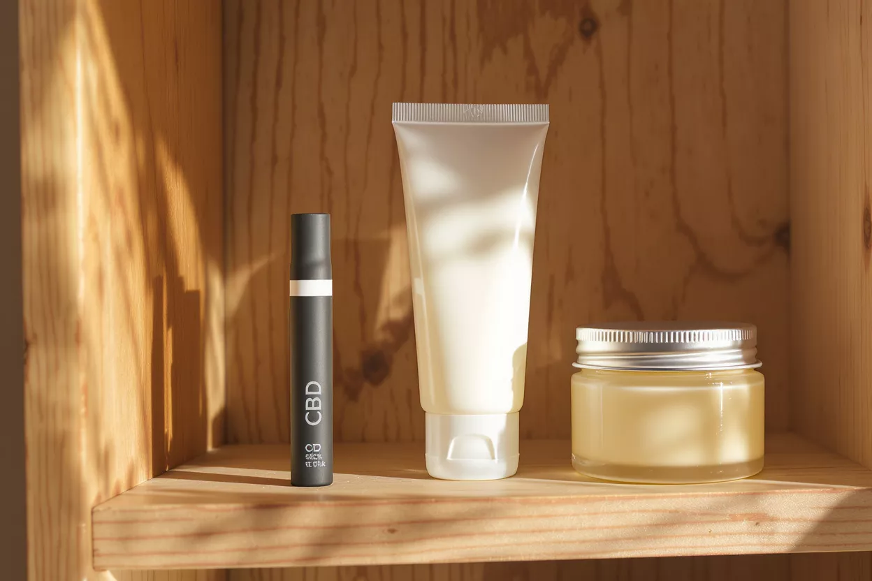 CBD Skincare Products Three CBD skincare products on a wooden shelf