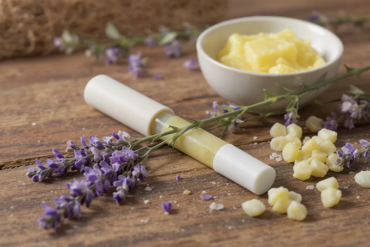 Lavender Essential Oil Roller Lavender flowers and essential oil roller on wooden surface