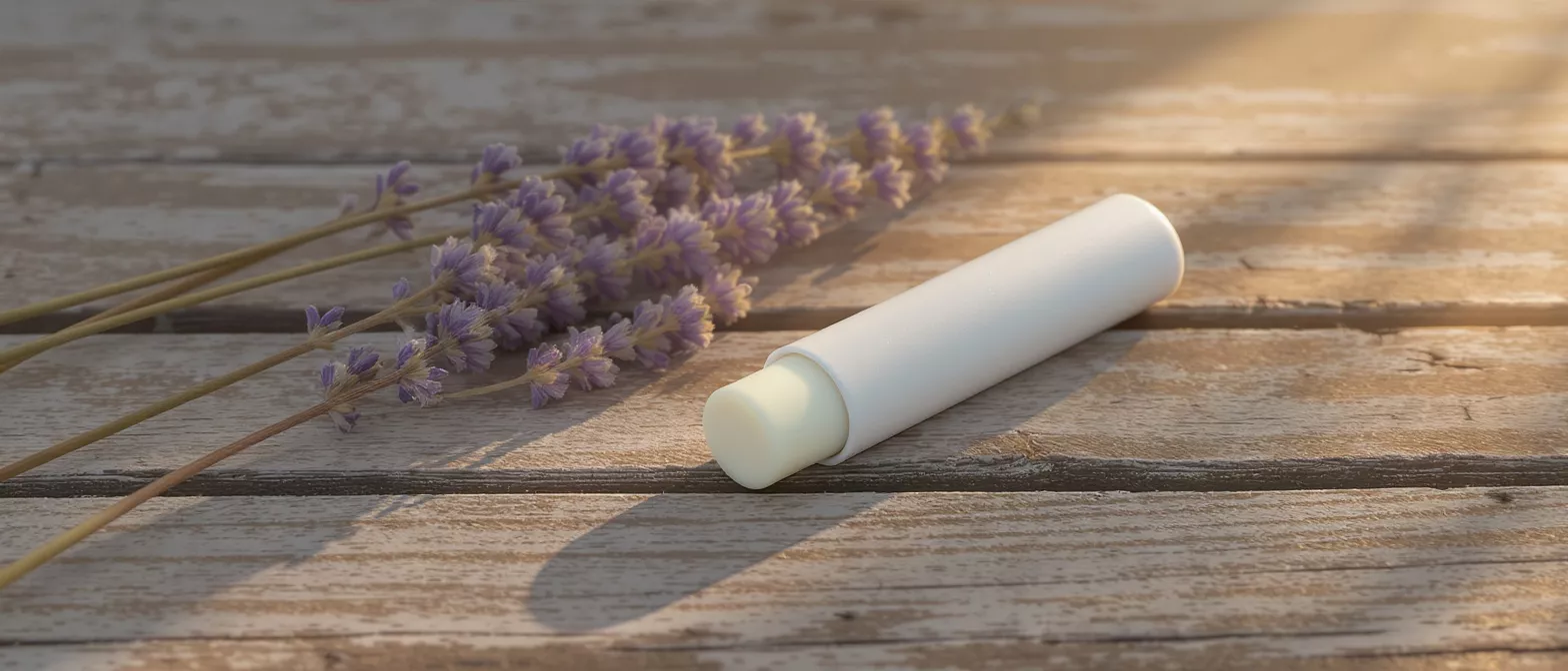 A white lip balm tube beside lavender flowers on wood