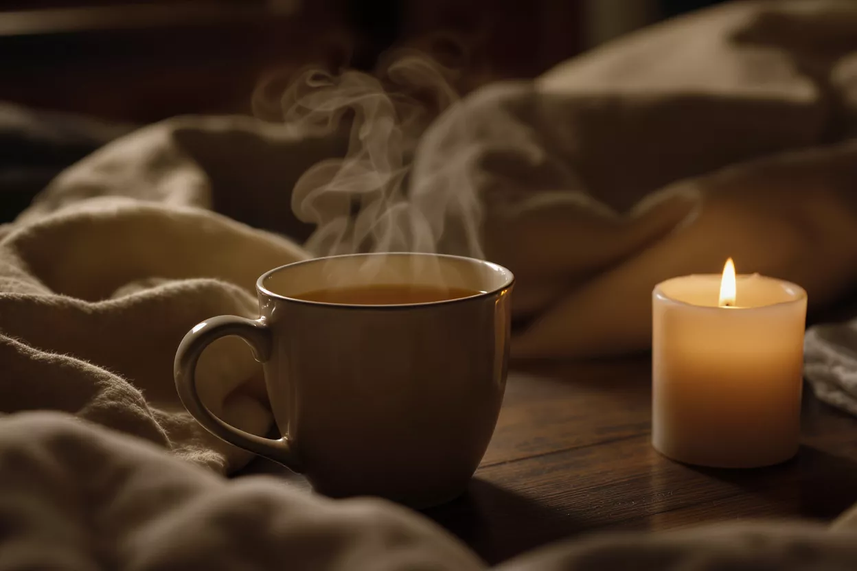 A steaming cup of tea beside a glowing candle