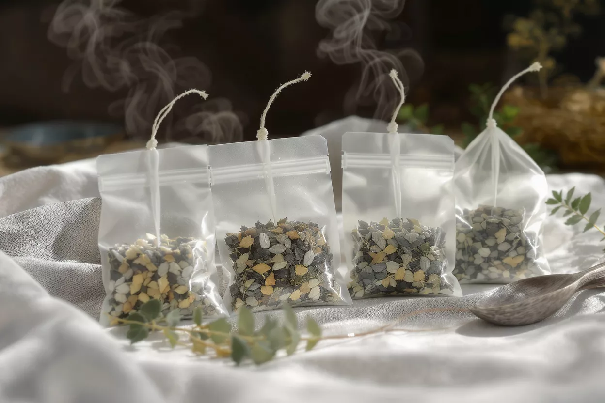Four transparent tea bags filled with herbal blends