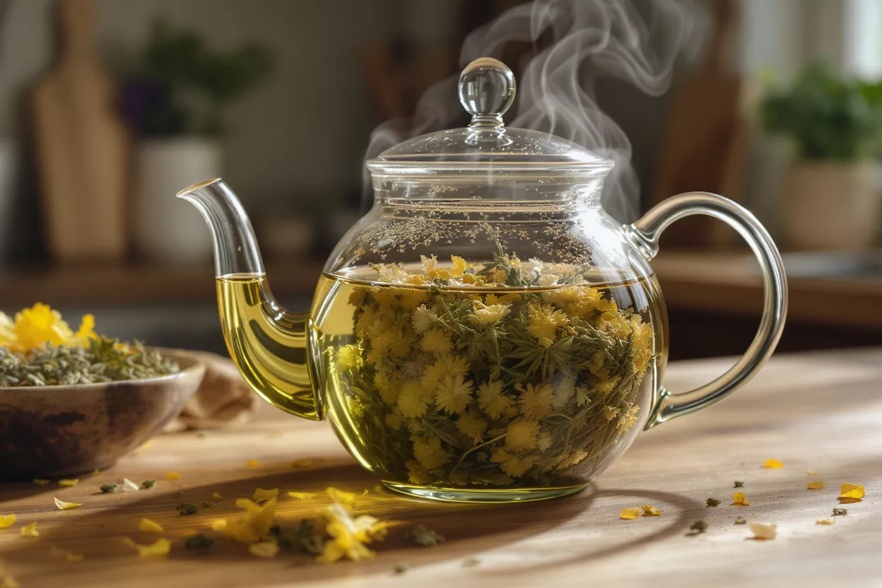 Clear teapot with herbal flowers and steam