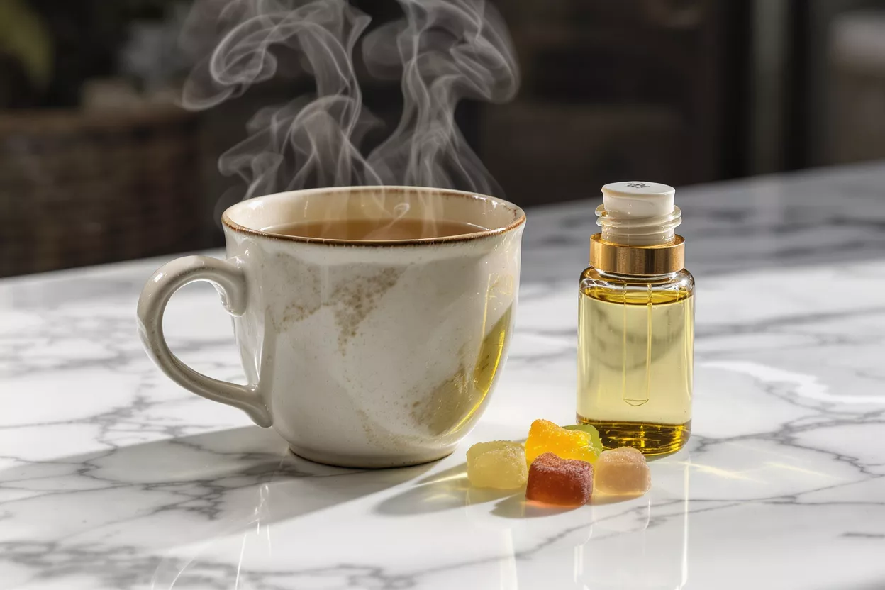 A steaming cup of tea next to an oil bottle and gummies