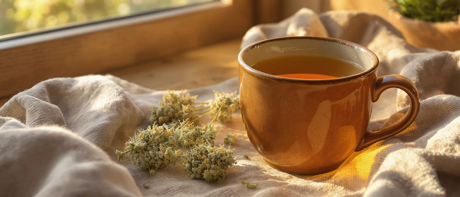 A brown cup of tea beside dried herbs