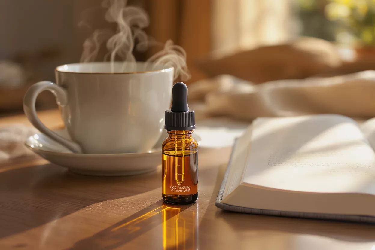Amber dropper bottle of essential oil next to a golden bowl filled with smooth stones.