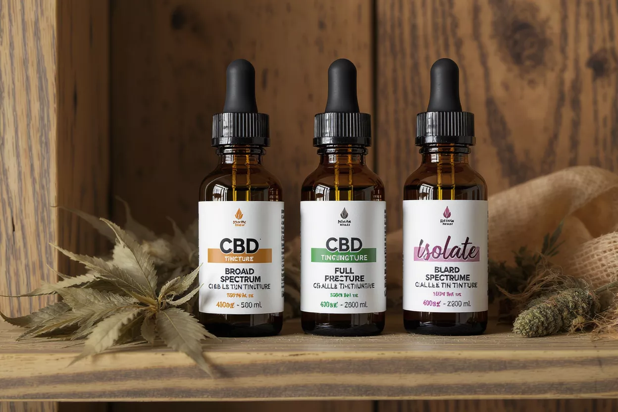 CBD tincture bottle and hourglass on a wooden table by a sunlit window.