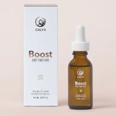 Calyx Boost 250mg CBD Tincture in amber dropper bottle with detailed white packaging.