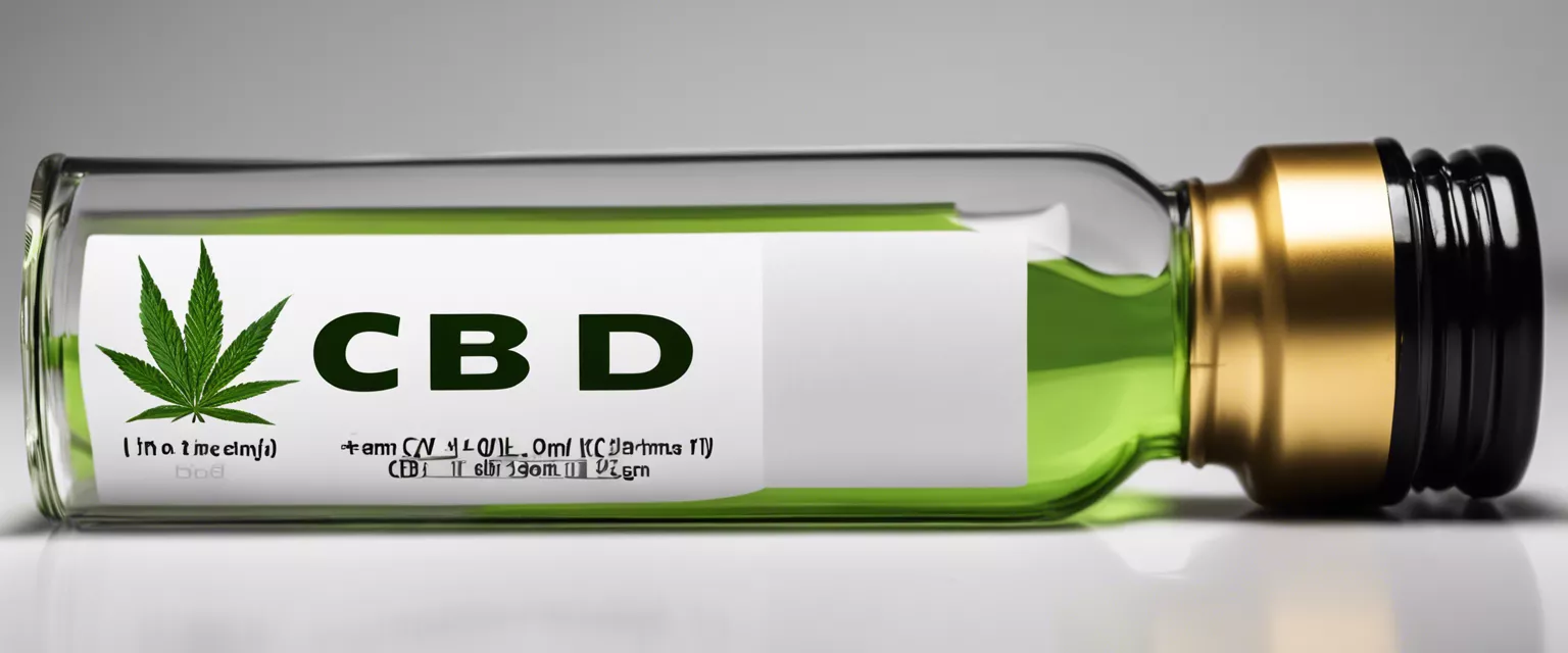 CBD oil in glass bottle with gold cap and cannabis leaf label on gray background.