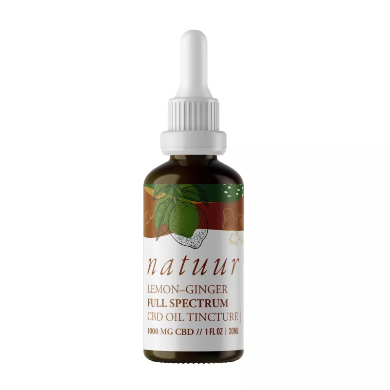 Natur 1000mg Full Spectrum CBD Oil, Lemon-Ginger flavor in amber bottle.