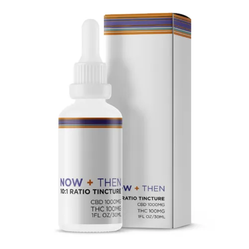 NOW + THEN CBD Tincture 10:1 ratio with 1000mg CBD and 100mg THC in clear dropper bottle.