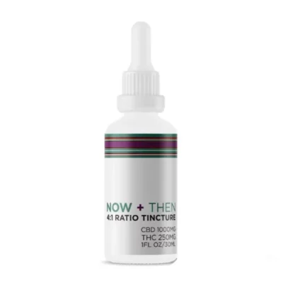 NOW + THEN CBD and THC 4:1 ratio tincture, 1000mg CBD and 250mg THC in 30ml bottle.