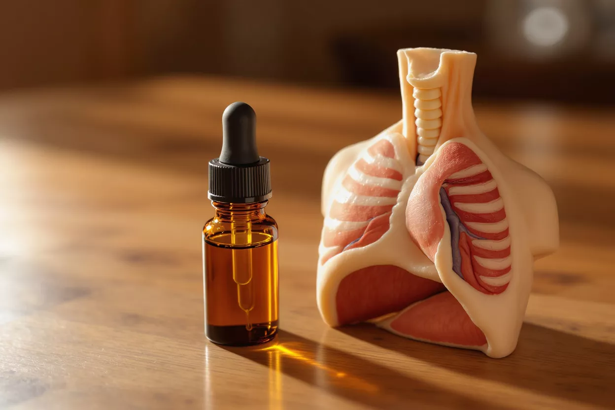 Amber dropper bottle next to a human lung model on a wooden table.