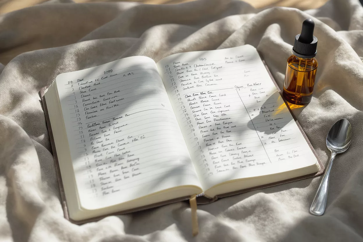 Open notebook with handwritten notes, essential oil bottle, and spoon on linen.