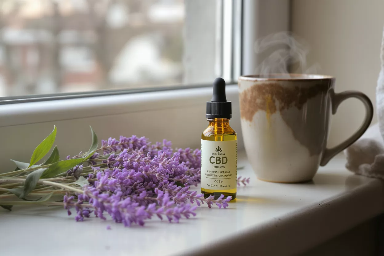 CBD tincture bottle, lavender, and steaming coffee mug on a windowsill.