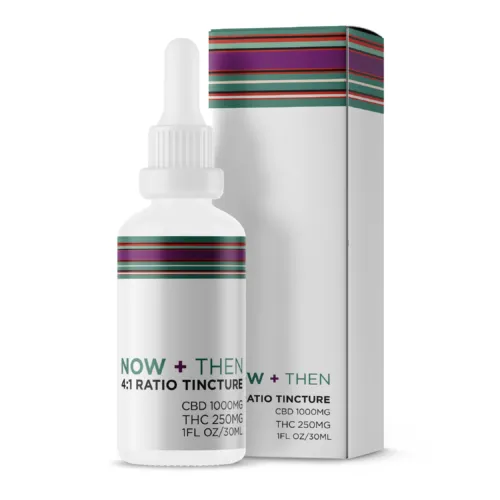 NOW + THEN Tincture with 4:1 CBD to THC ratio in 30ml bottle and green packaging.
