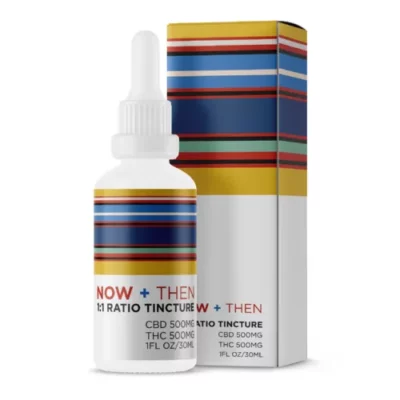 NOW + THEN 1:1 CBD THC Tincture 500mg in striped packaging with dropper bottle.