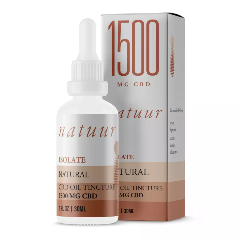 Natur 1500mg pure CBD isolate oil tincture in minimalist packaging.