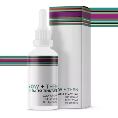 NOW + THEN 4:1 CBD:THC Tincture 1000mg in a dropper bottle with colorful packaging.